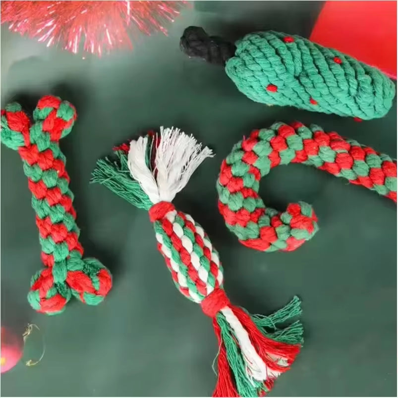 Christmas Pet Chew Toy Cotton Rope Interactive Bone Shape Christmas Tree for Dogs Puppy Teeth Cleaning Relieve Boredom Toys