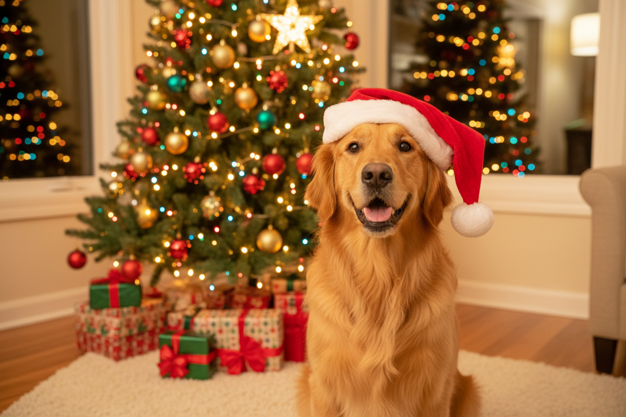 Golden Retriever Hund mit Weihnachtsmütze vor geschmücktem weihnachtsbaum